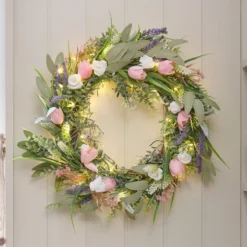 Batteriebetriebener LED-Tulpenkranz 55cm mit Lavendel & Rosen