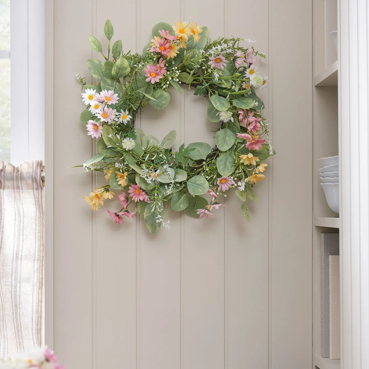 Beleuchteter 40cm LED‑Frühlingskranz mit Gänseblümchen & Timer