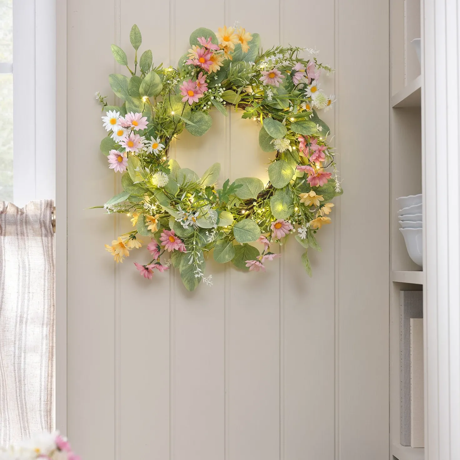 Beleuchteter 40cm LED‑Frühlingskranz mit Gänseblümchen & Timer