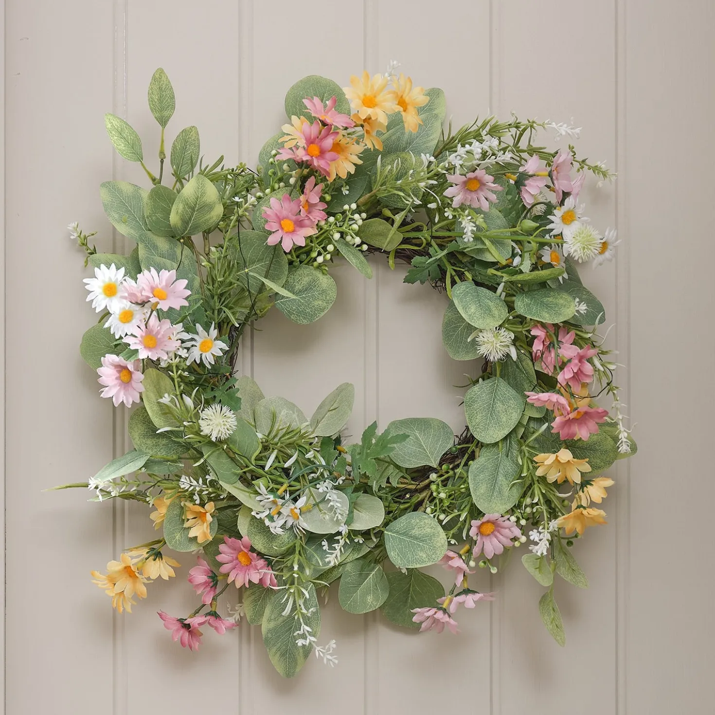 Beleuchteter 40cm LED‑Frühlingskranz mit Gänseblümchen & Timer