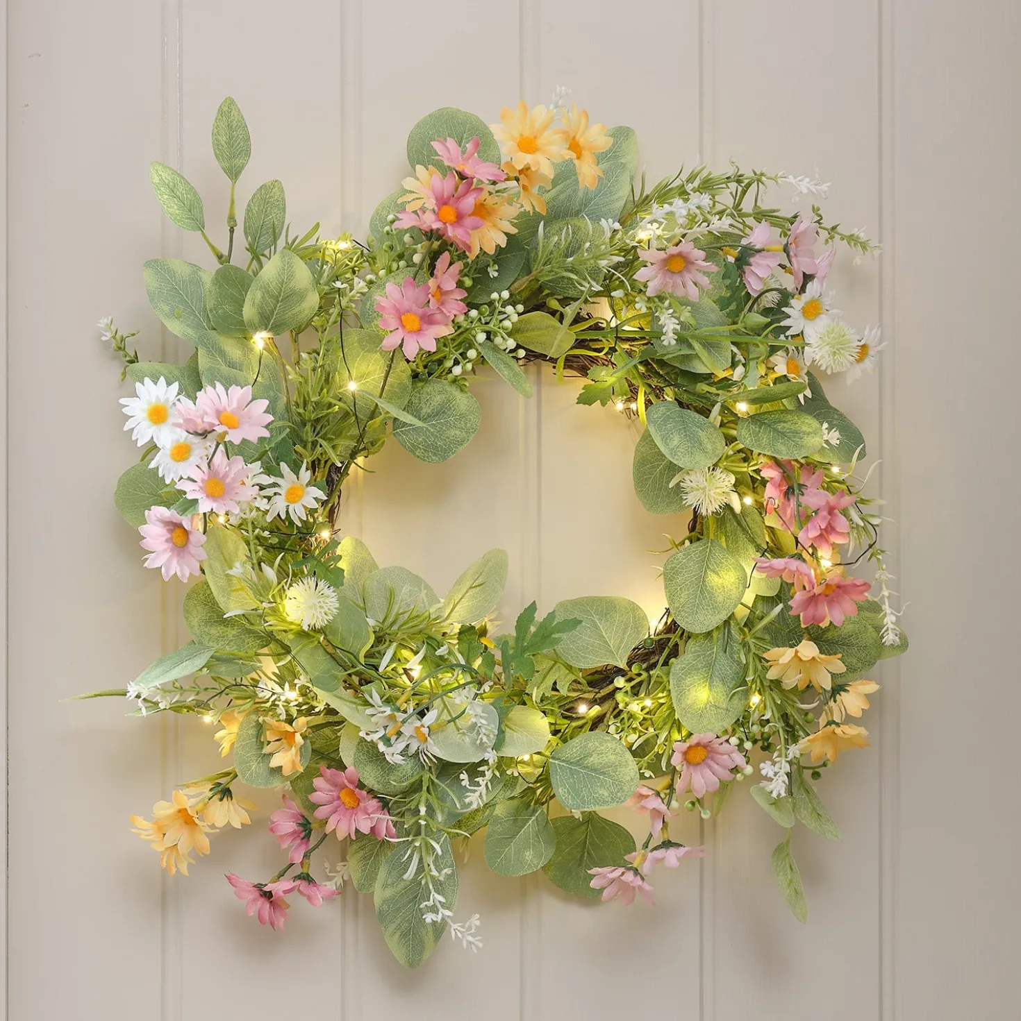 Beleuchteter 40cm LED‑Frühlingskranz mit Gänseblümchen & Timer