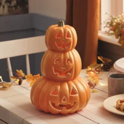 34cm Gestapelte Halloween LED-Kürbisdeko mit Timer für innen