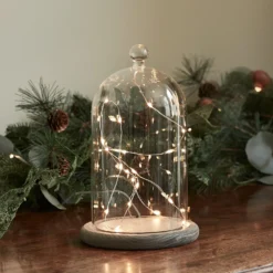 20,5cm Glasglocke mit grauem Holzteller und Micro Lichterkette