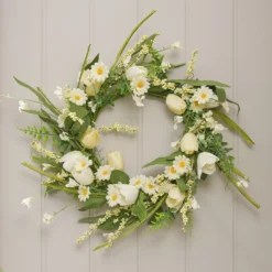 45cm LED‑Frühlingskranz mit Tulpen & Gänseblümchen in Gelb