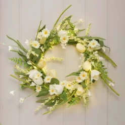 45cm LED‑Frühlingskranz mit Tulpen & Gänseblümchen in Gelb