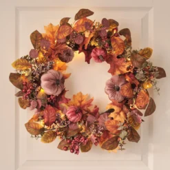 40 cm LED-Herbstkranz mit Samt-Kürbissen in Violett/Grün/Rot/Gelb