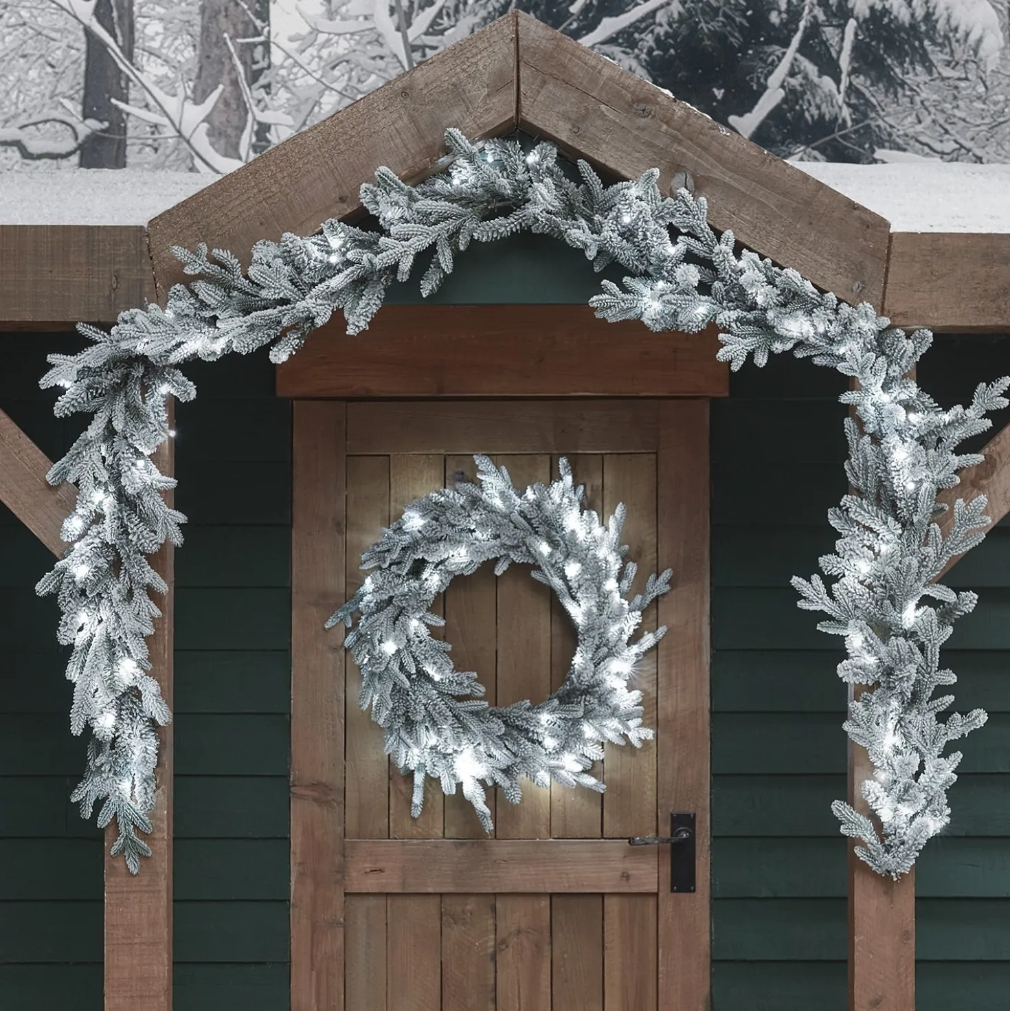 60cm verschneiter Outdoor-Kranz und 2m Weihnachtsgirlande mit Beleuchtung