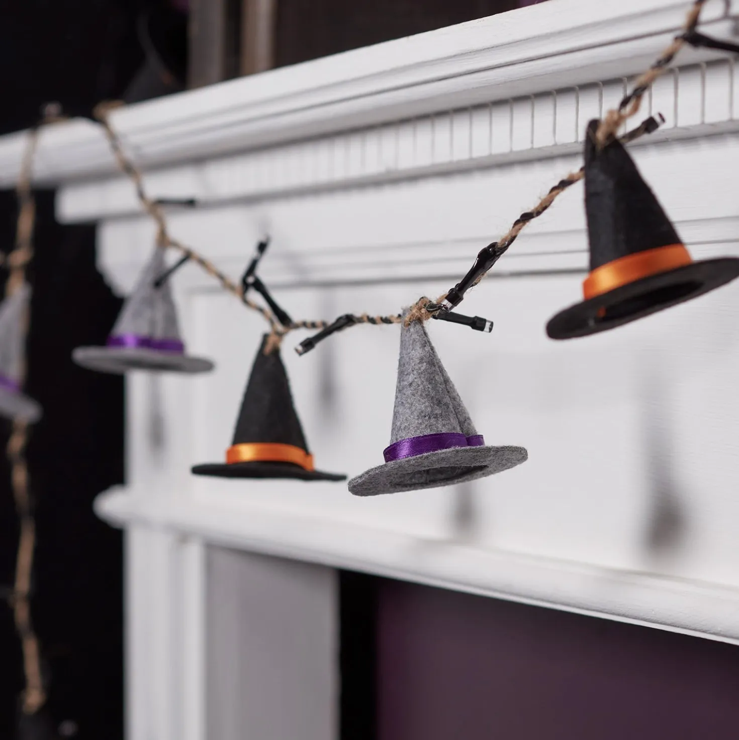 8er Halloween Lichterkette Hexenhut aus Filz