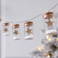 10er LED-Lichterkette Laterne mit Sternen aus Glas in Gold