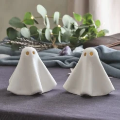 2er Set Gerald LED-Halloween-Geister aus Porzellan in Weiß