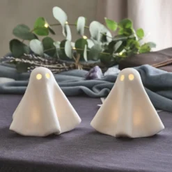 2er Set Gerald LED-Halloween-Geister aus Porzellan in Weiß