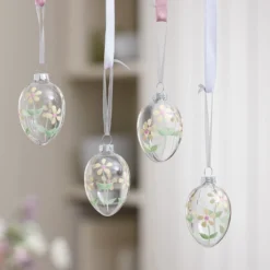 4er Set Glas-Ostereier mit Blumenmotiv zum Aufhängen
