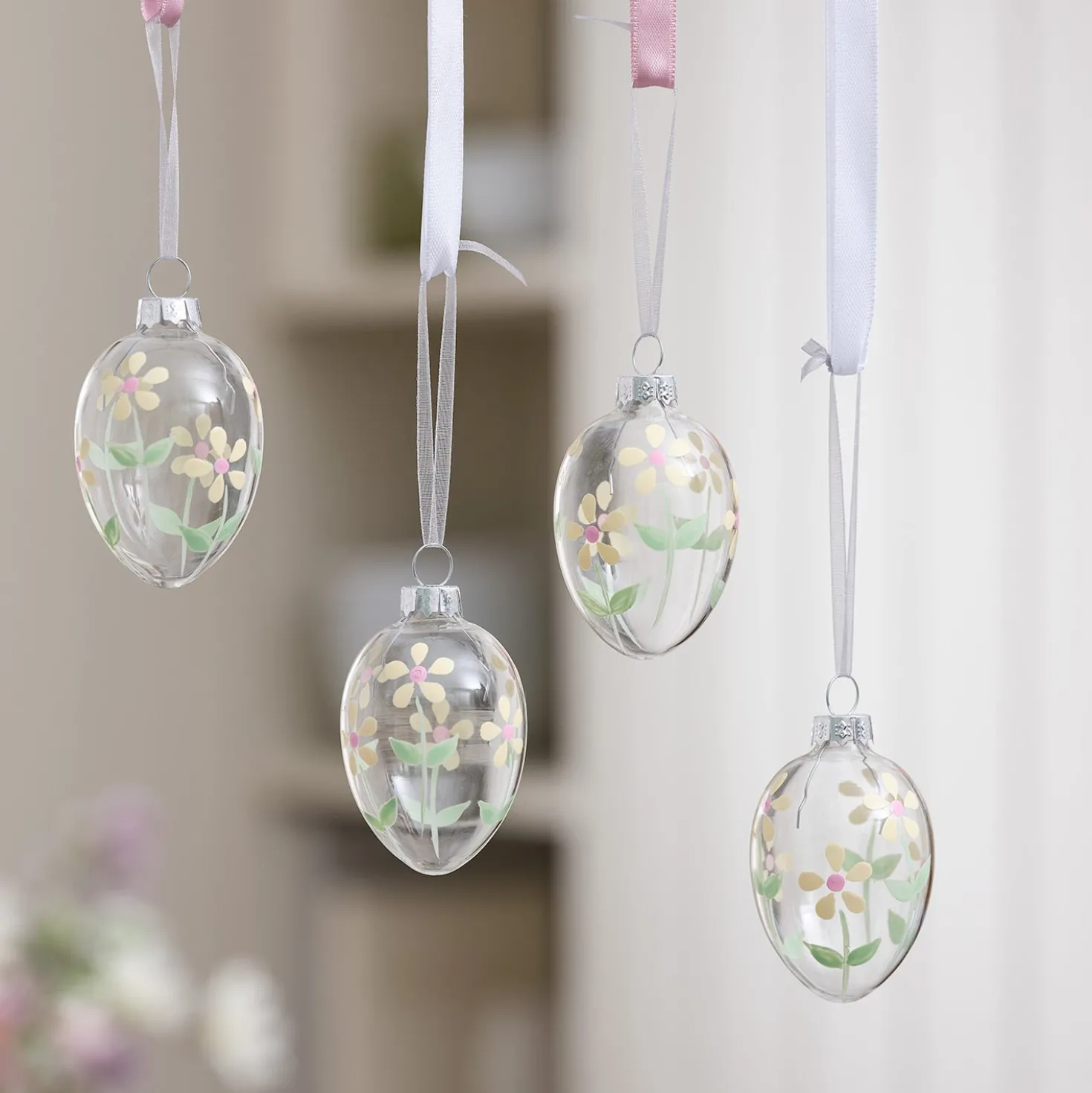 4er Set Glas-Ostereier mit Blumenmotiv zum Aufhängen
