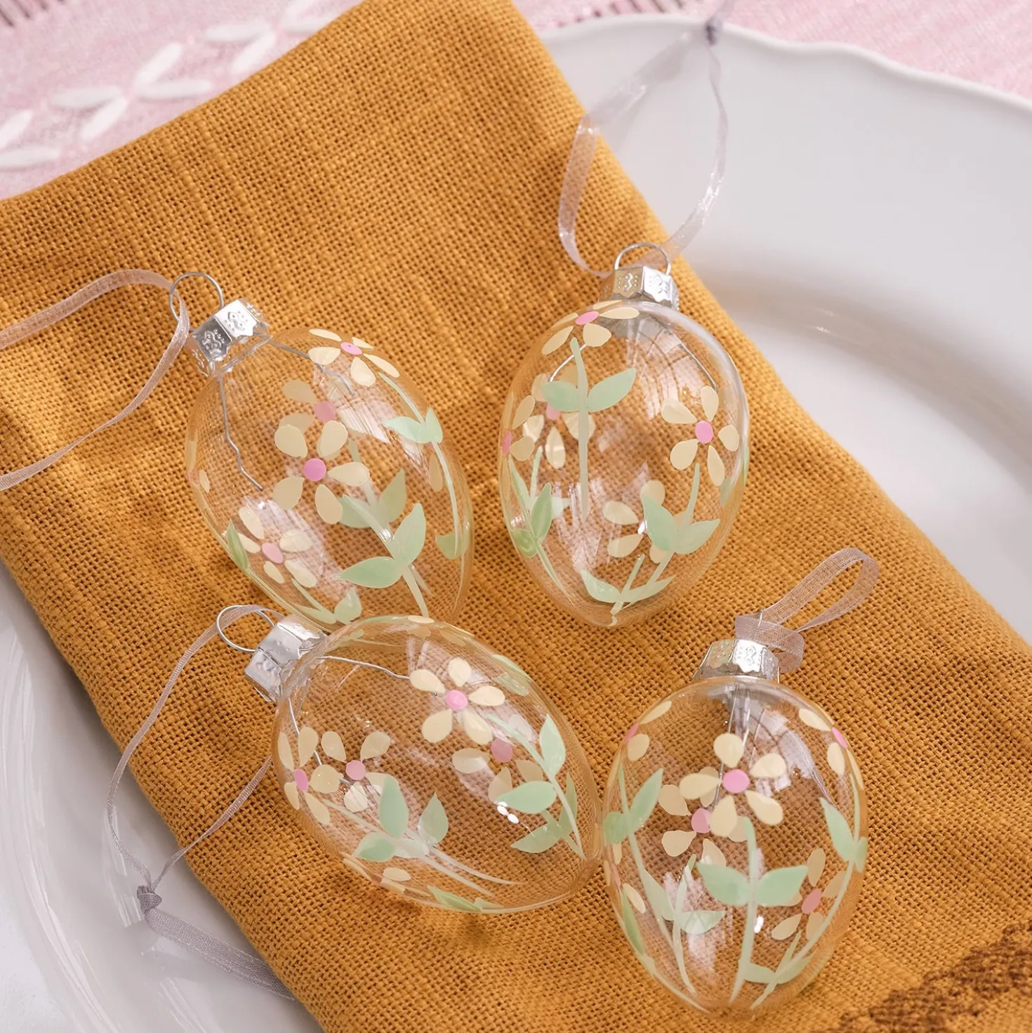 4er Set Glas-Ostereier mit Blumenmotiv zum Aufhängen