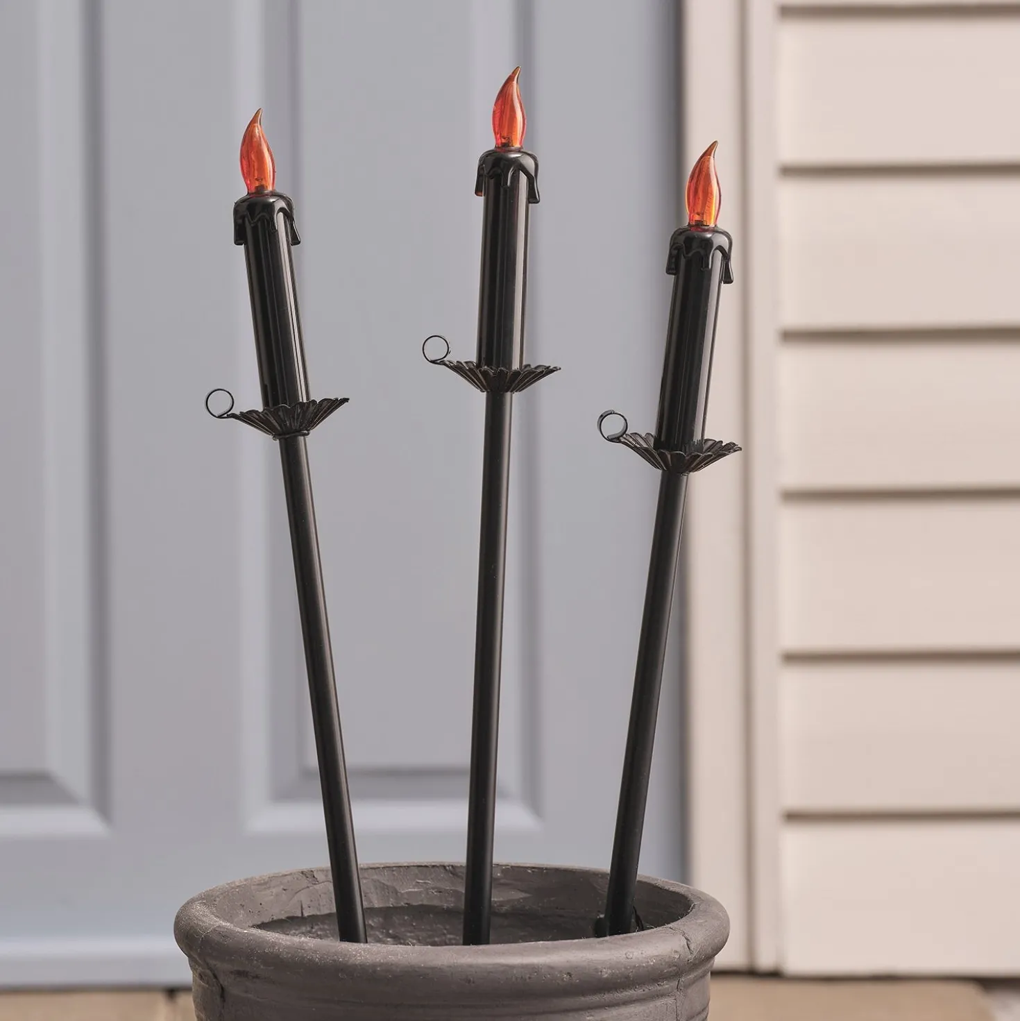 3er Set Halloween LED-Gartenstecker in Kerzenoptik mit Timer