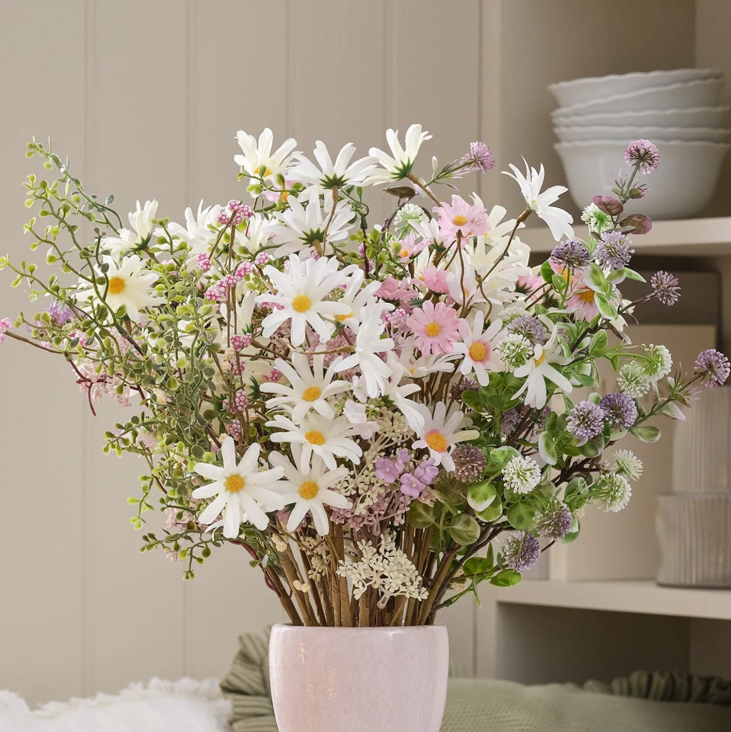 3er Set Kunstblumensträuße „Daisy Dreams“ mit Keramikvase 30 cm in Rosé