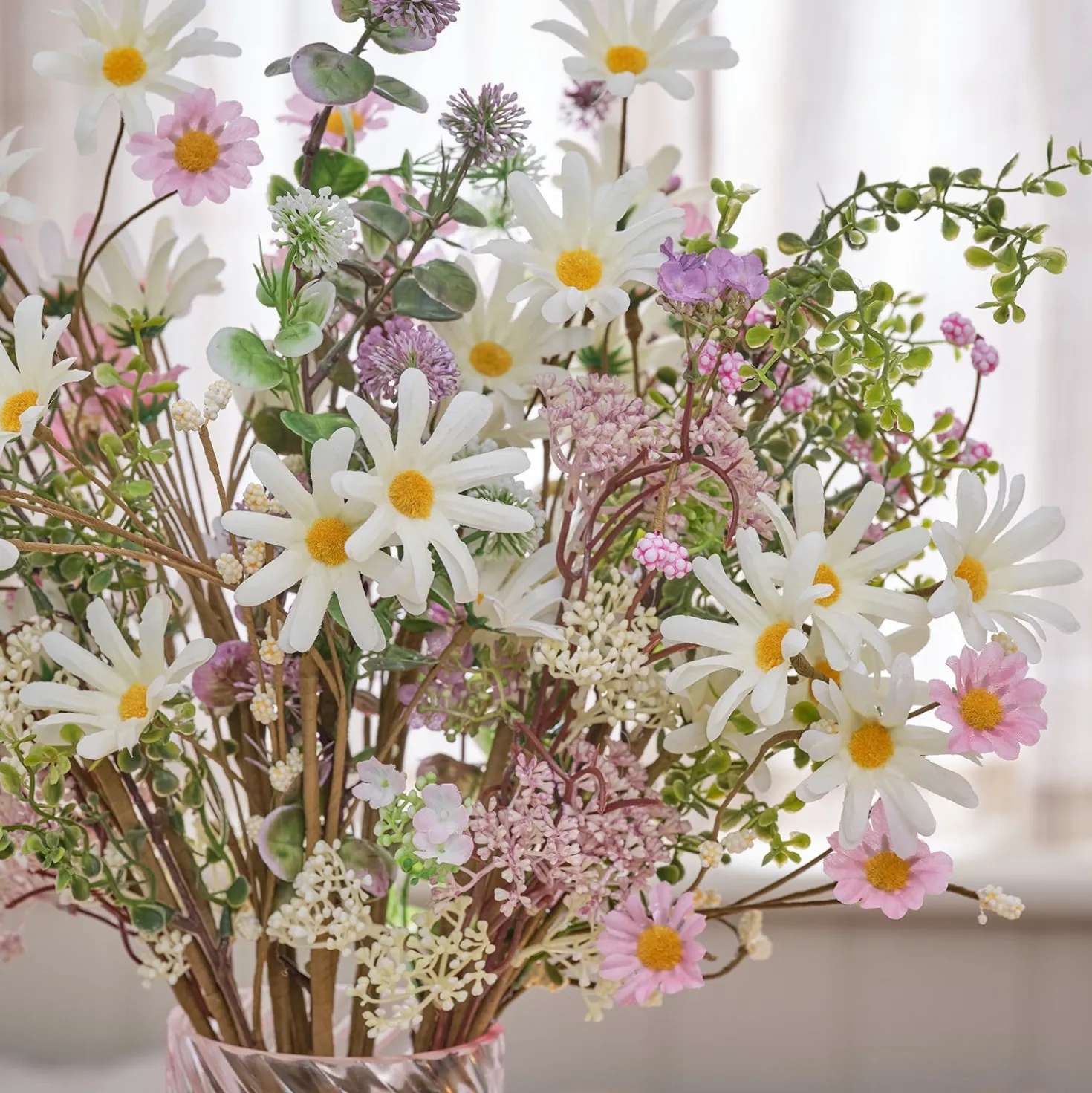 3er Set Kunstblumensträuße „Daisy Dreams“ mit Keramikvase 30 cm in Rosé