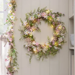 2er Set LED-Blumenkranz & Girlande mit Margeriten in Pastell