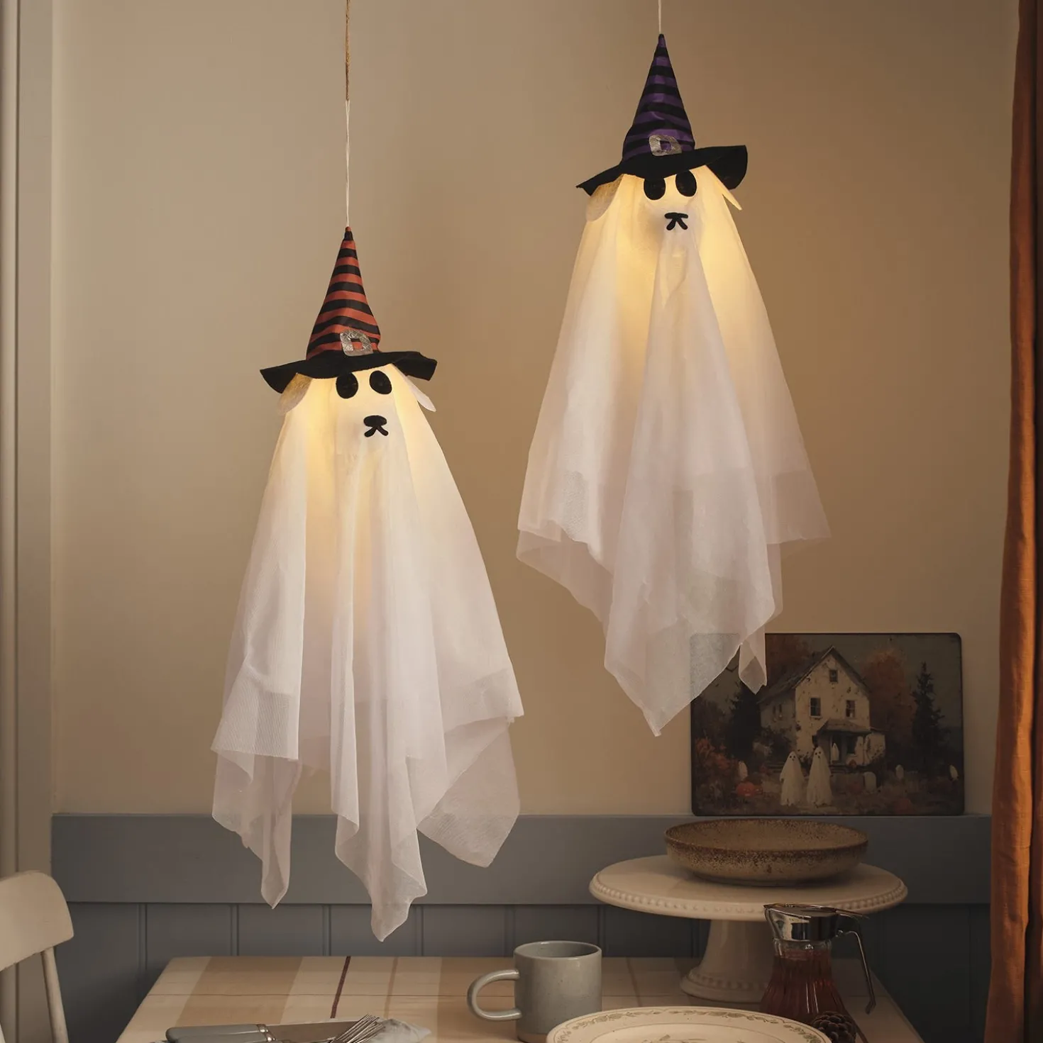 2er Set LED Halloween Hängedeko Geisterhunde mit Timer