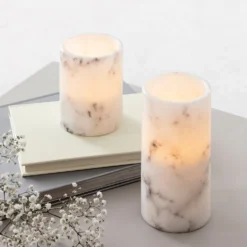 2er Set LED Marmor Stumpenkerzen Echtwachs