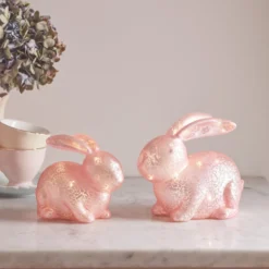 2er Set LED Osterdeko Hasen aus Glas pastellrosa