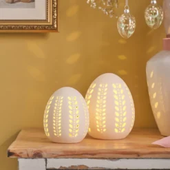 2er Set LED-Porzellan-Eier mit Timer warmweiß