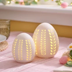 2er Set LED-Porzellan-Eier mit Timer warmweiß