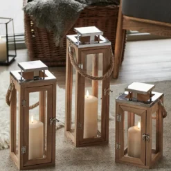 3er Set Salcombe Holz LED Laternen mit TruGlow® Kerzen