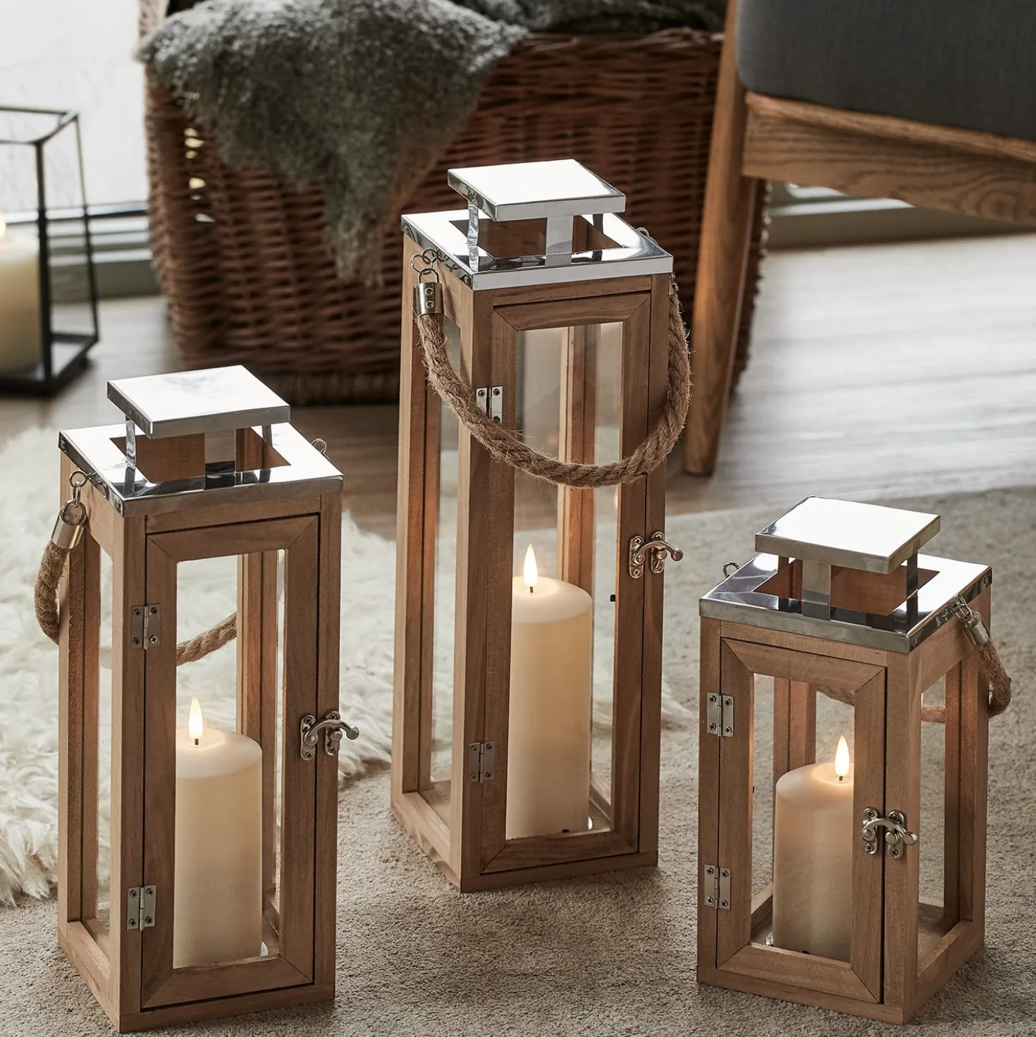 3er Set Salcombe Holz LED Laternen mit TruGlow® Kerzen