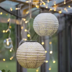 3er Set Scandi Tyvek Solar-Lampions in Flieder, Blau & Cremeweiß