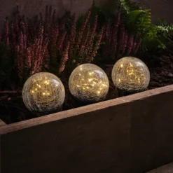 3er Set Solar-Gartenstecker Glaskugeln im Crackle-Look mit 60 warmweißen LEDs
