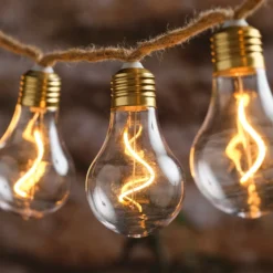 10er transparente Glühbirnen-LED-Lichterkette auf Naturseil mit Timer
