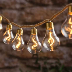10er transparente Glühbirnen-LED-Lichterkette auf Naturseil mit Timer