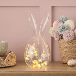 Osterhasen-Deko Glaskuppel und Micro Lichterkette Ostereier und Küken