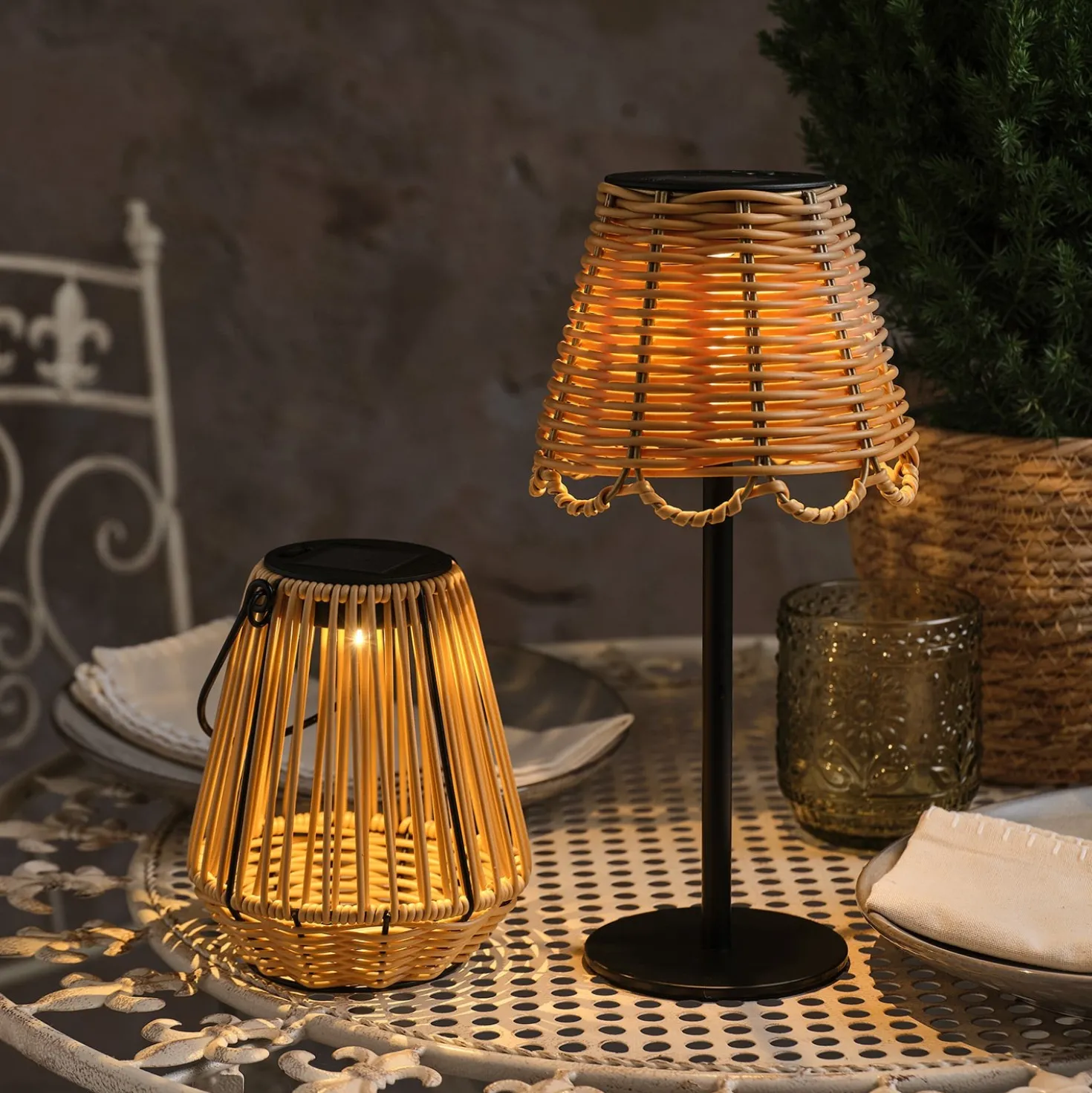 Solar Tischleuchten Set in Rattan-Optik mit Hygge Laterne & Kurv Tischlampe