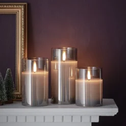 TruGlow® LED Kerzen Echtwachs Trio in Rauchglas mit Fernbedienung