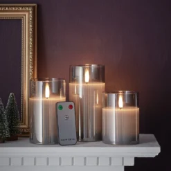 TruGlow® LED Kerzen Echtwachs Trio in Rauchglas mit Fernbedienung