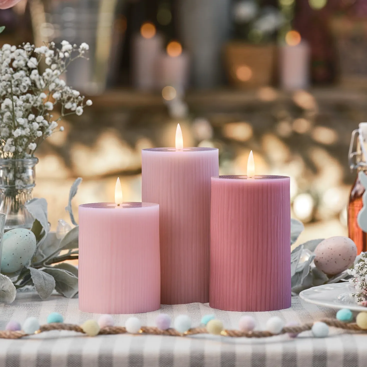 TruGlow® LED Kerzen Echtwach Trio geriffelt rosa