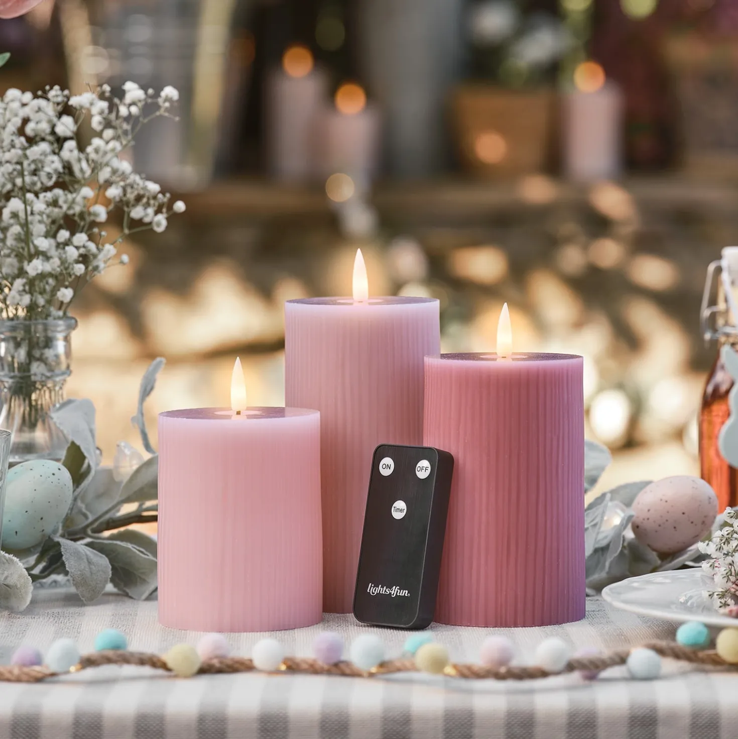 TruGlow® LED Kerzen Echtwach Trio geriffelt rosa