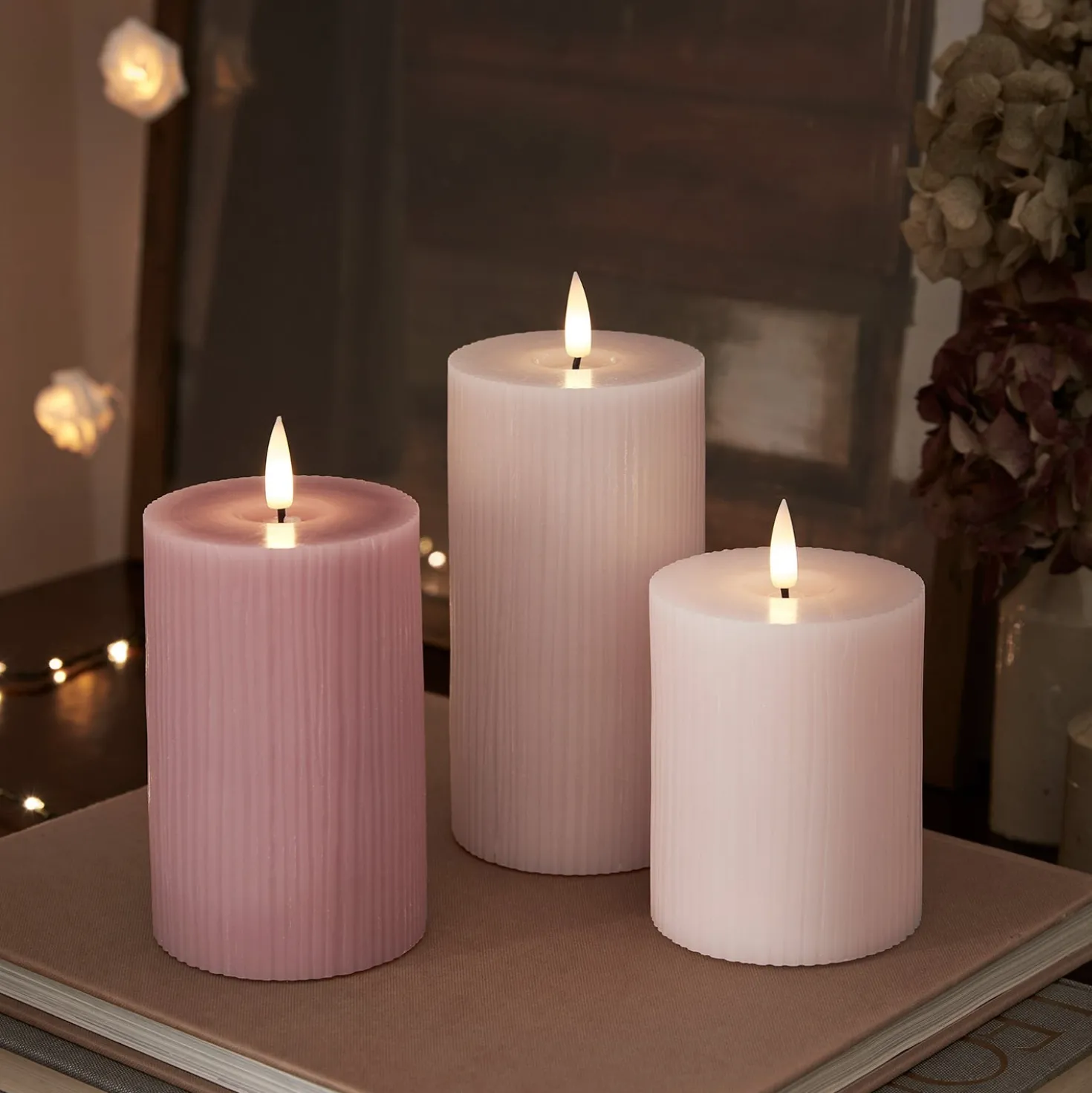 TruGlow® LED Kerzen Echtwach Trio geriffelt rosa